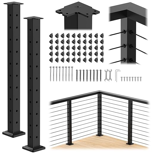 35" Stainless Steel Corner Cable Railing Post 2 Pack, Black Top Mount Corner Line Post with Grommets for Deck Railing Systems, Indoor & Outdoor Use, MY08-C