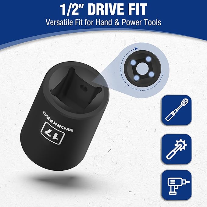 WORKPRO 1/2” Drive Shallow Impact Socket Set, Metric Cr-V Steel 6-Point Socket Set with Storage Case for Automotive Maintenance and Repairs (14PCS 10-27mm)