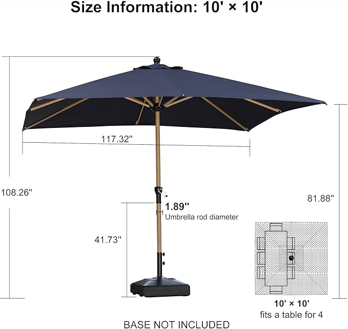 PURPLE LEAF 10' x 10' Square Patio Umbrella Outdoor Table Umbrella Aluminum Market Umbrella with 8 Sturdy Ribs & Crank Outdoor Umbrellas for Garden Deck Patio, Navy Blue