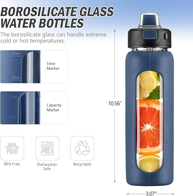 Kodrine Water Bottle With Straw and Carry Handle, Glass Water Bottle 24 oz Leak Proof Locking Lid with Soft Silicone Spout, Small Clear Water Bottle, Travel Sports Water Jug, Time Marker, Navy Blue