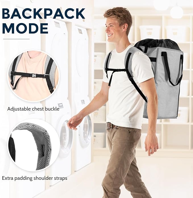 Extra Large Laundry Backpack College Men, Camp Travel, Heavy Duty Laundry Bag Hamper with Structure - Stand Itself and Easy Storage (Gray)