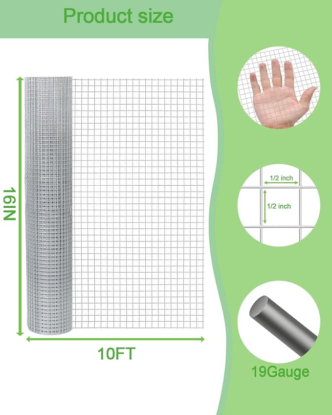 Hardware Cloth 16in x 10ft 1/2 Inch 19 Gauge, Hot-Dipped Galvanized Welded Wire Mesh, Low Carbon Steel, Animal Cage Wire Netting, Garden Wire Mesh