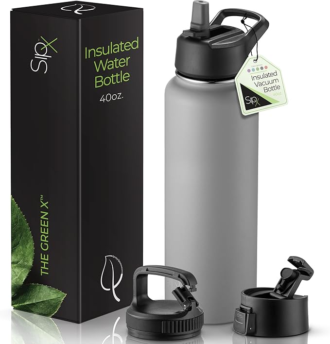 SipX™ Triple-Insulated Stainless Steel Water Bottle 40oz. With 3 Lids, BPA-Free Reusable Insulated Water Bottle Keeps Cold 24 Hours, Metal Water Bottle Made Of Sustainable Material For Hiking & Biking