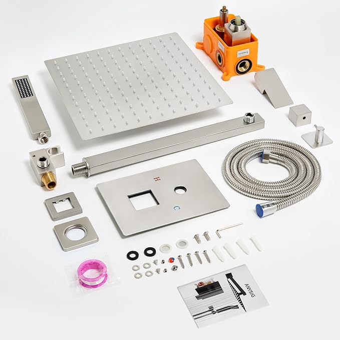 Shower Faucet Set - 12" Brushed Nickel Shower Head and Handle Set : Ceiling Rainfall Shower System with Square Rain Shower Head and High Pressure Handheld Spray Combo, Shower Valve and Trim Kit