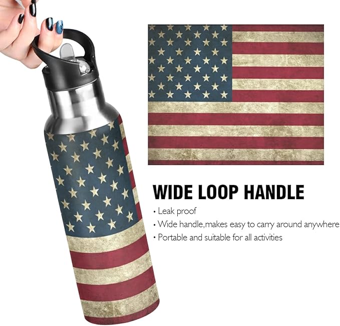 Blueangle 32oz Vintage American Flag Water Bottle, BPA Free Stainless Steel Water Bottle Leak-Proof Sports Bottle for Camping Workouts Gym and Outdoor Activity