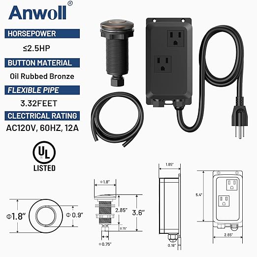 Garbage Disposal Air Switch Kit -Professional- Dual Outlet, Sink Top Waste Disposer On/Off, Garbage Disposal Button, Brass Made Cover, UL Listed