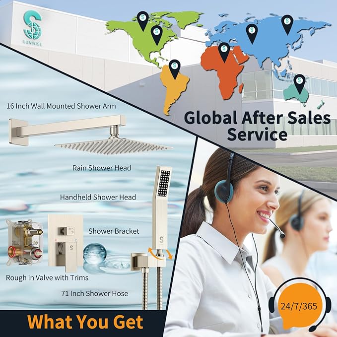 SR SUN RISE Shower Faucet Set Bathroom Square Rain Shower Head with Handheld Spray Wall Mounted Rainfall Shower Fixtures Brushed Nickel Shower Faucet Trim Repair Kits (Contain Shower Valve)10 Inches