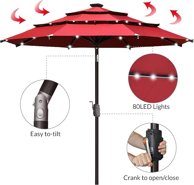 EliteShade USA 10-Year-Non-Fading Solar 9ft 3 Tiers Market Umbrella with 80 LED Lights Patio Umbrellas Outdoor Table with Ventilation,Logo Red