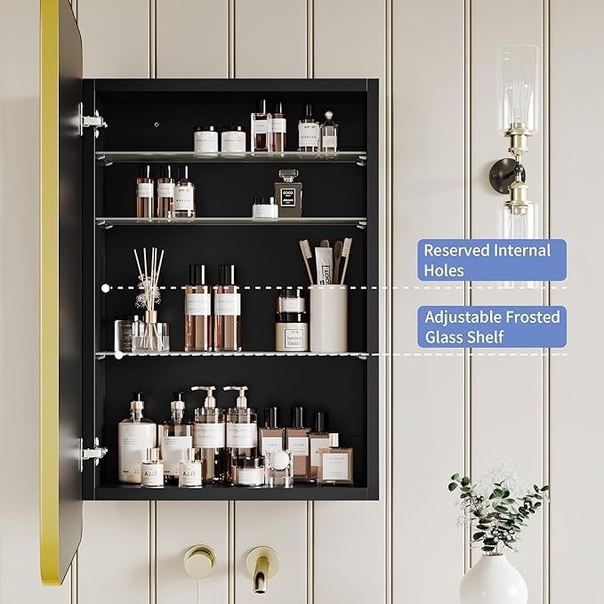 Bathroom Wood Black Cabinet with 20''x30'' Brushed Gold Metal Frame Curved Mirror, Recessed Medicine Cabinet, Bathroom Storage Cabinet