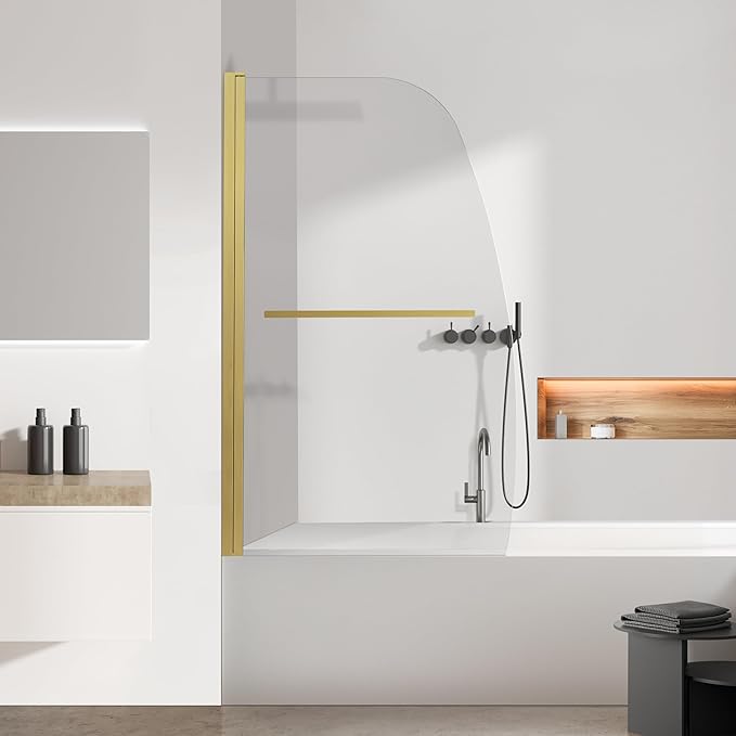 Frameless Hinged Bathtub Shower Glass Door - 34"x58", Clear 8mm Thick, Brushed Gold with Stainless Steel Handle