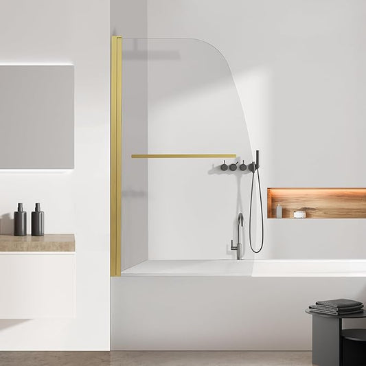 Frameless Hinged Bathtub Shower Glass Door - 34"x58", Clear 8mm Thick, Brushed Gold with Stainless Steel Handle