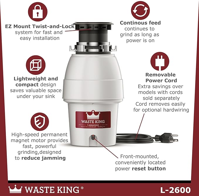 Waste King Legend Series Continuous Feed Garbage Disposal for Kitchen Sink with Power Cord, L-2600