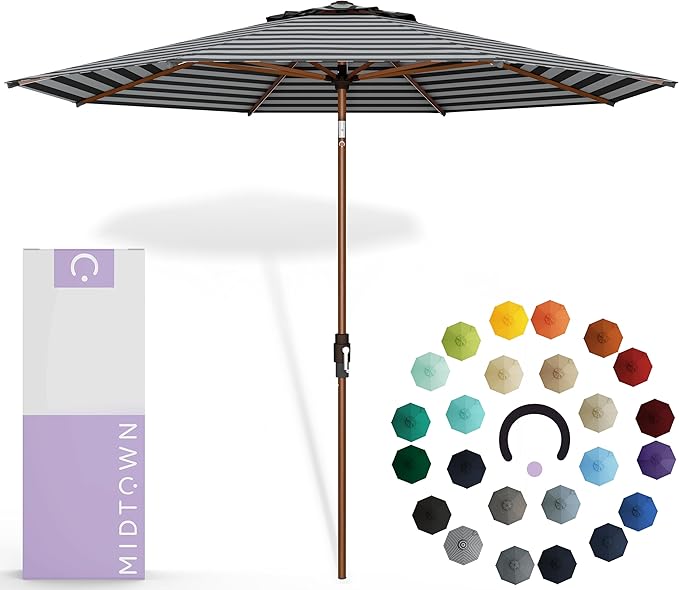 Midtown Umbrellas Sunbrella Umbrella Outdoor Patio Umbrella 2-9 Feet in Black & White Acrylic Fabric, Auto-Tilt Aluminum Frame For Backyard Umbrella, Deck Umbrella & Porch Umbrella - Wooden Pole