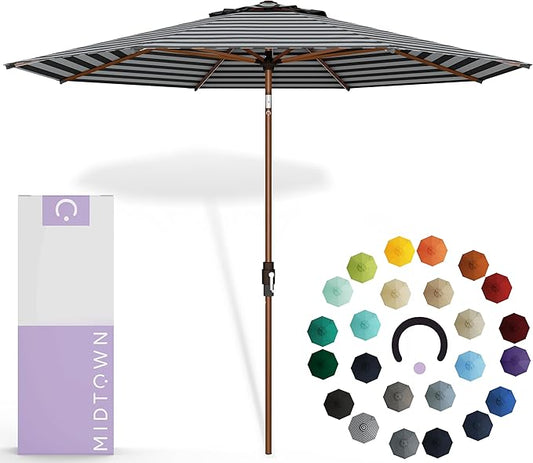 Midtown Umbrellas Sunbrella Umbrella Outdoor Patio Umbrella 2-9 Feet in Black & White Acrylic Fabric, Auto-Tilt Aluminum Frame For Backyard Umbrella, Deck Umbrella & Porch Umbrella - Wooden Pole