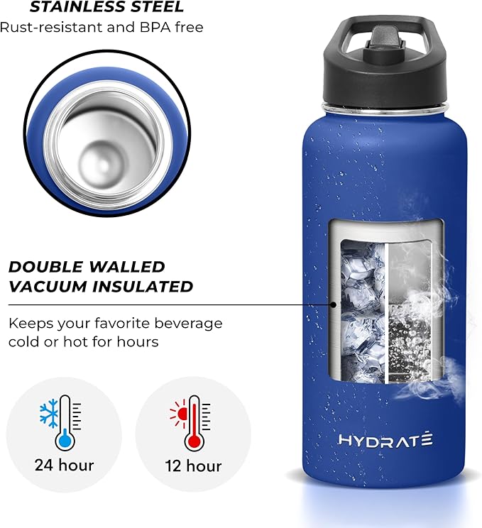 HYDRATE Insulated Stainless Steel Water Bottle - Large Reusable Flask with Leak-Proof Design and Convenient Handle - Double Vacuum Insulation for School, Work, or Adventure