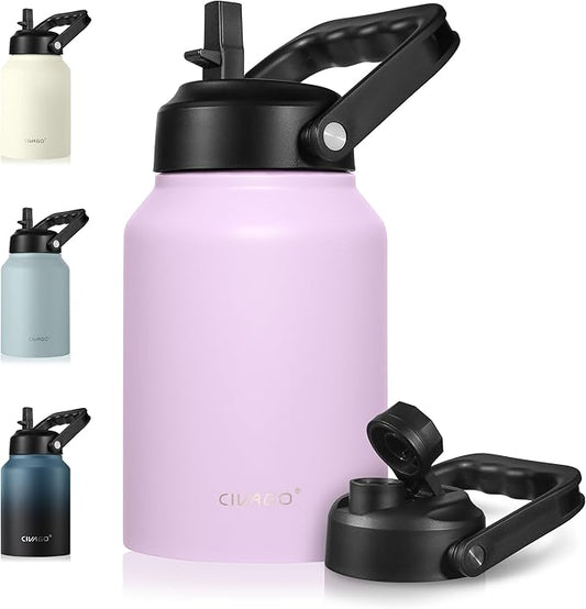 CIVAGO Half Gallon Insulated Water Bottle Jug with Straw, 64 oz Large Stainless Steel Sports Metal Water Flask with Handle, Big Thermal Water Cup Mug with 2 Lids for Camping & Fishing, Lavender