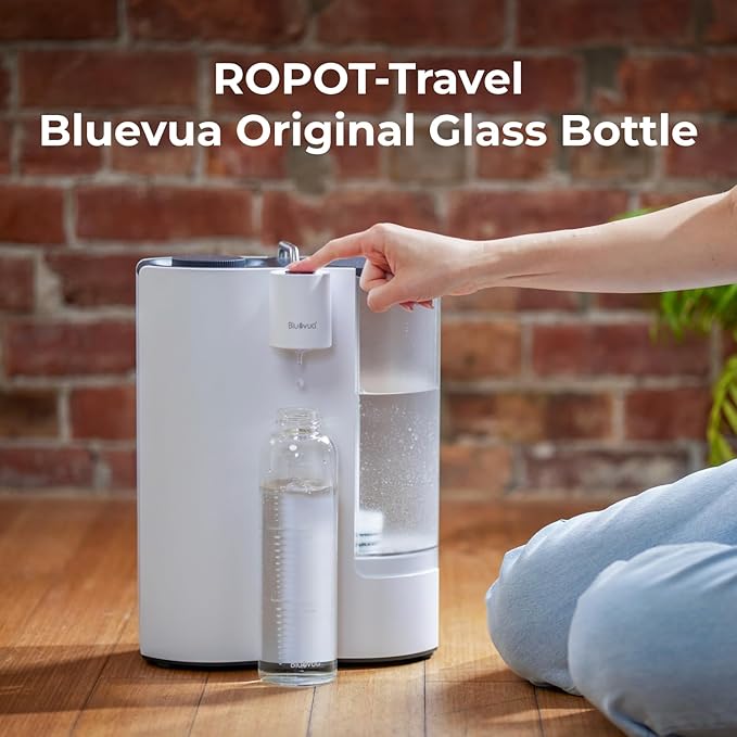 Bluevua Glass Water Bottle, 18 Oz High Borosilicate Glass with Time Marker, and Stainless Steel Leak Proof Lid, Compatible With RO100ROPOT-Travel Reverse Osmosis System
