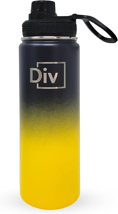 Sports Water Bottle - 22 oz., 3 lids, Stainless Steel Gym & Sports Water Bottle, Leak Proof, Double Walled, Insualted, Thermos Flask (Black-Gold)