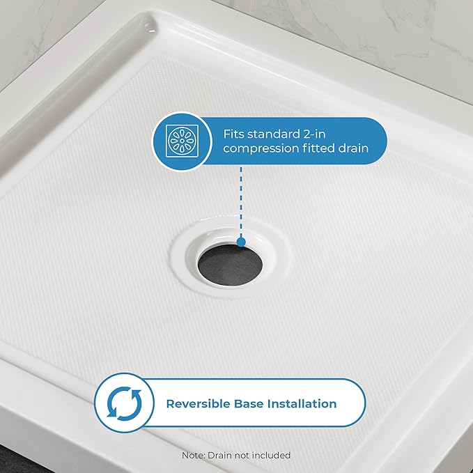 OVE Decors 38 in. W x 36 in. D Shower Base Pan Square, Center Drain, White Acrylic, Reversible Design