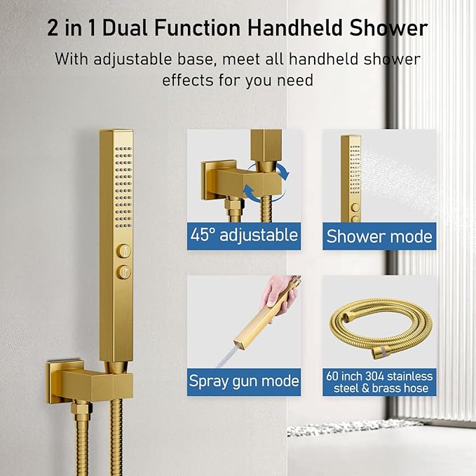 Brushed Gold Shower System, STARBATH Ceiling Mounted 10+6 Inch Rainfall Shower Head with 2 in 1 High Pressure Handhled, Can Use All at Once, Push Button Diverter Thermostatic Valve with Trim Kit