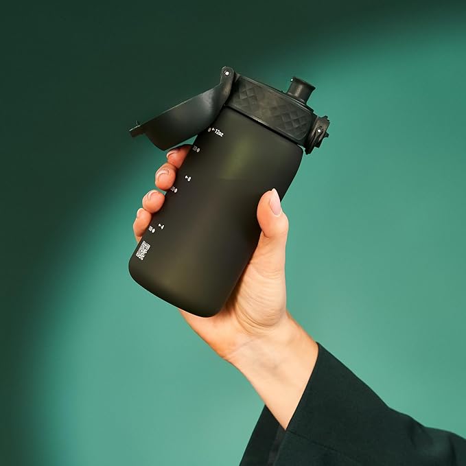 Ion8 Small Water Bottle, 350 ml/12 oz, Leak Proof, Easy to Open, Secure Lock, Dishwasher Safe, BPA Free, Carry Handle, Hygienic Flip Cover, Easy Clean, Odor Free, Carbon Neutral, Dark Green