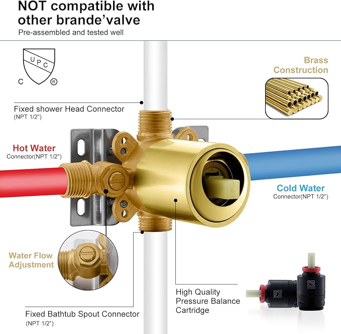 KENES Brushed Gold Shower Trim Kit, Modern Shower Faucet with Single-Spray Square Stainless Rain Shower Head, Tub and Shower Trim Kit Gold, KE-6025A-4 (Shower Valve Included)