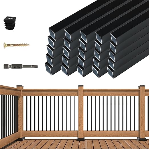 Muzata 25Pack 32" x3/4" Aluminum Deck Balusters Square Baluster Deck Railing Black Hollow Spindles with Screws for Railing Fencing Porch WT26