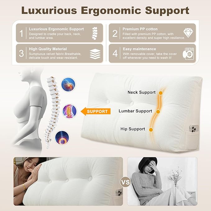 Headboard Pillow - Queen-Sized Headboard Wedge Pillow for Daybeds and Bunk Beds - Durable, Comfortable, with Removable Velvet Cover (White, 59x20x8Inches)