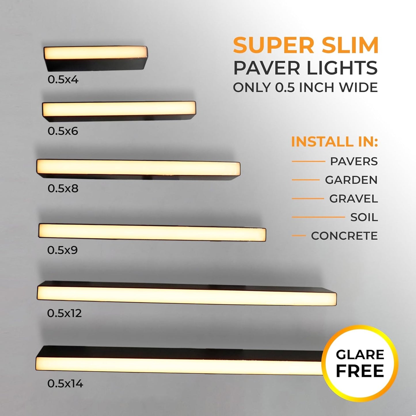 LUMENGY Paver Light Slim 0.5x14 Inch(0.55 x 13.77 inches) Glare-Free Steel Lighting for Pavers, Brick, Walls, Driveways, Walkways & Pathways, 2700K Warm White, Waterproof, Drive-Over, 12V AC/DC Wired.