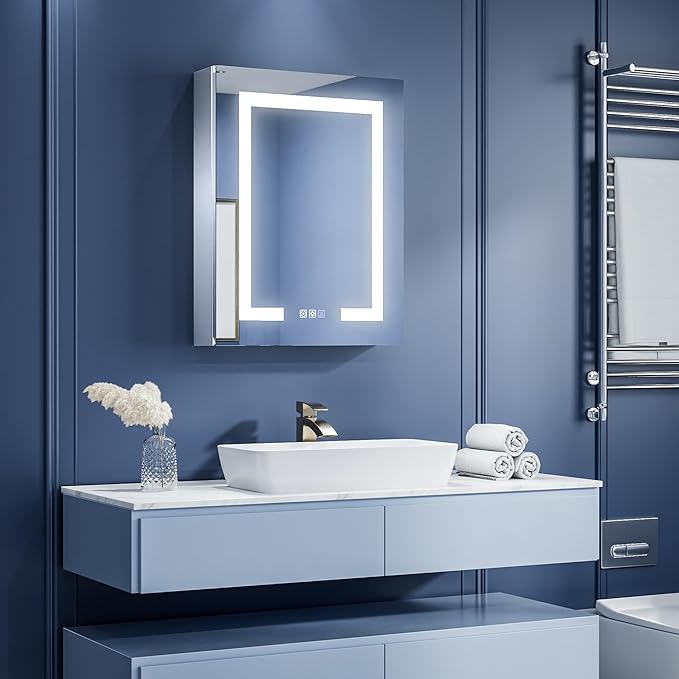 ExBrite Lighted Medicine Cabinet with Mirror, 20 x 26 Inch, Recessed or Surface led Medicine Cabinet, Defog, Stepless Dimming,Color Temperature Change,2 Outlets,Built-in 6000K Sensor Light,Left Hinge