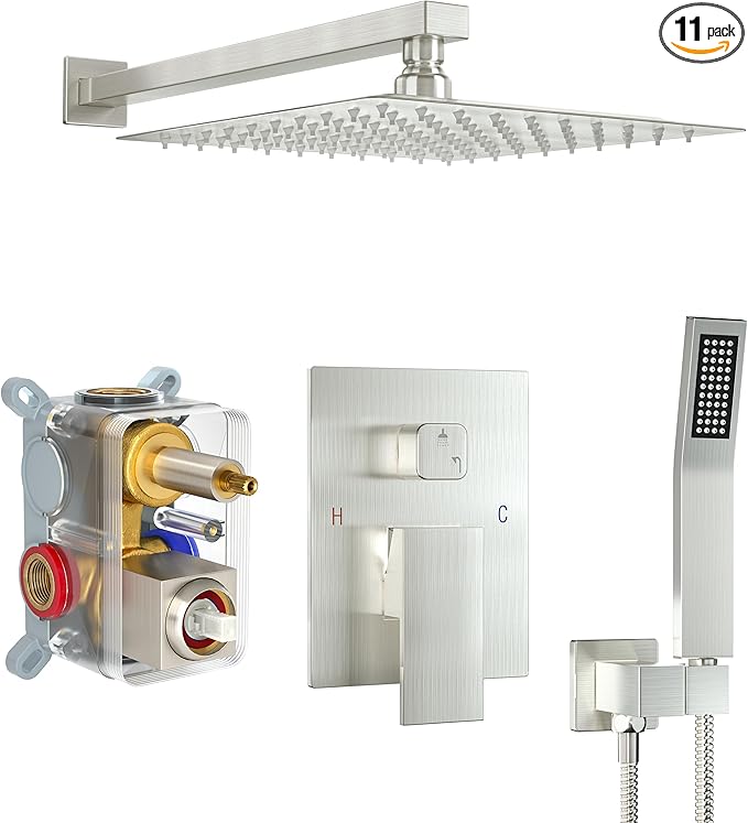 Shower Faucet Set, Shower System with 10 Inch Rain Showerhead and Handheld Shower, Wall Mounted High-Pressure Showerhead Combo Set Included Valve and Trim, Brushed Nickel