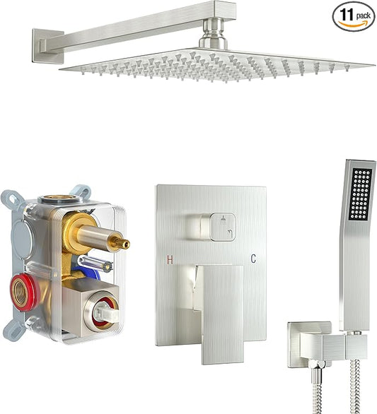 Shower Faucet Set, Shower System with 10 Inch Rain Showerhead and Handheld Shower, Wall Mounted High-Pressure Showerhead Combo Set Included Valve and Trim, Brushed Nickel