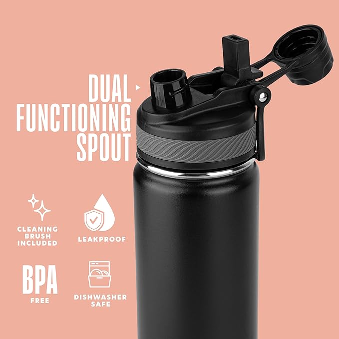 Insulated Water Bottle with Straw and Handle 22 oz-Stainless Steel Water Bottles with Straw, Dual Cap Function & Sleeve, Keeps Drinks Hot Up to 12 Hours & Cold Up to 24 Hours (Black)
