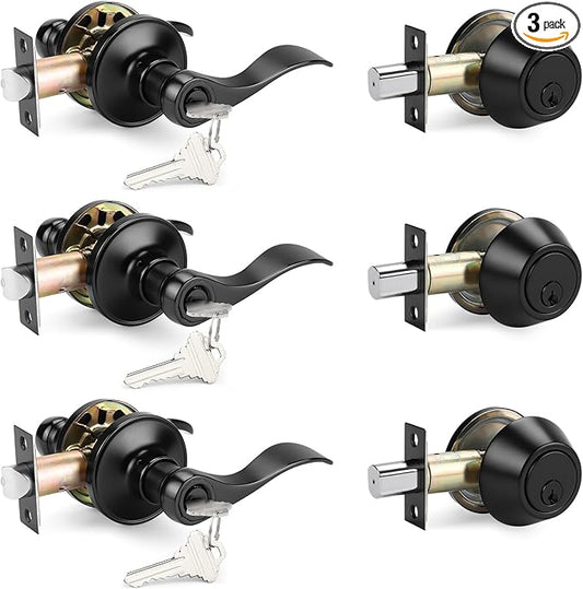 Probrico Front Door Entry Lever Lockset, Single Cylinder Deadbolt Combination Set, Flat Black Finish Keyed Alike Combo, Reversible for Right and Left Side 3Pack