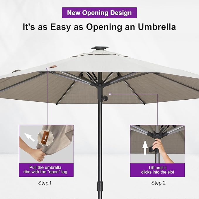 PURPLE LEAF 10 FT Semi-Auto Outdoor Patio Umbrella Market Table Sun Umbrellas with Led Lights and 8 Aluminum Sturdy Ribs for Backyard Deck Garden Pool(Gray Pole Beige Canopy)