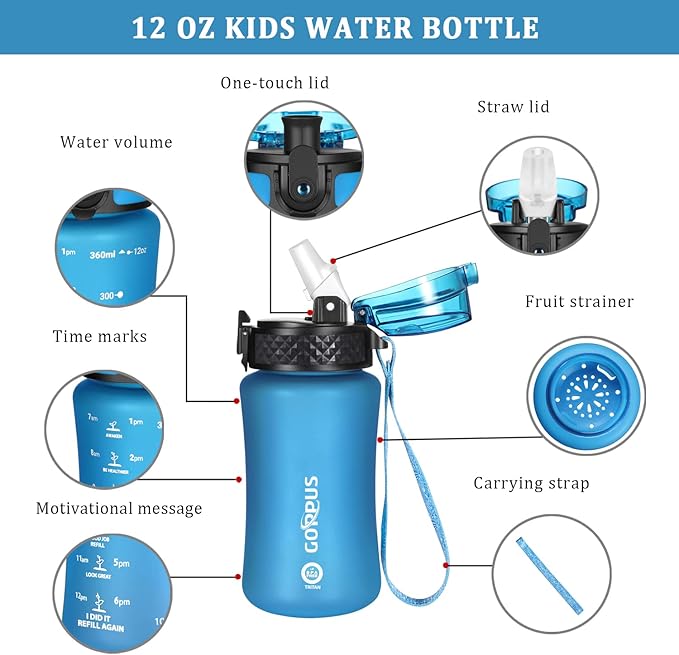 GOPPUS Kids Water Bottle with Straw Spout Lid 10pcs Stickers 12 oz Leak-proof BPA Free Motivational Time Marker Tritan Plastic Water Bottles for Girls Boys School Sports