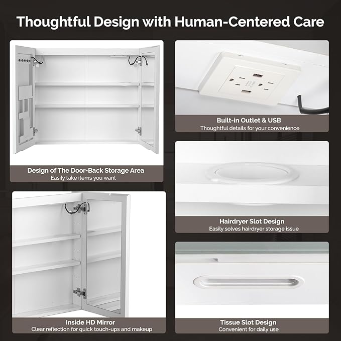 VINGLI Lighted Medicine Cabinet with Mirror Bathroom Mirror Medicine Cabinet Wall Mounted with Storage LED Lights Charging Station Defogger Modern Bathroom Mirrors for over Sink with Storage (32"*28")