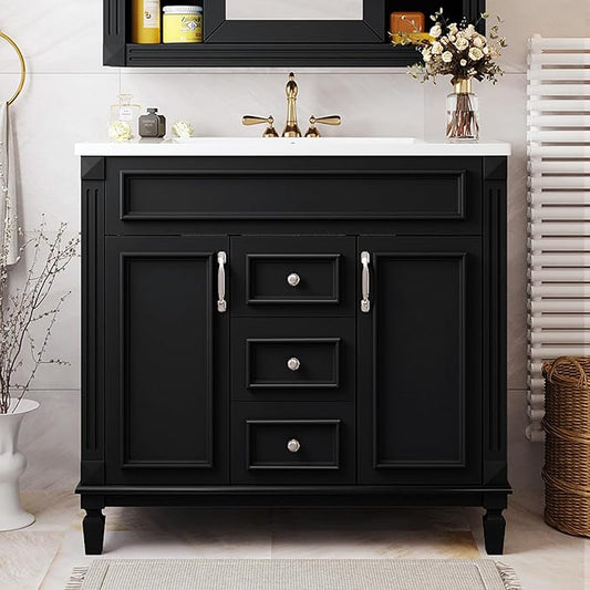 Merax 36" Bathroom Vanity with Sink, Freestanding Single Bathroom Sink Vanity Cabinet Set with 36" Countertop, 2 Doors & 2 Drawers (Sink Cabinet Only, Black)