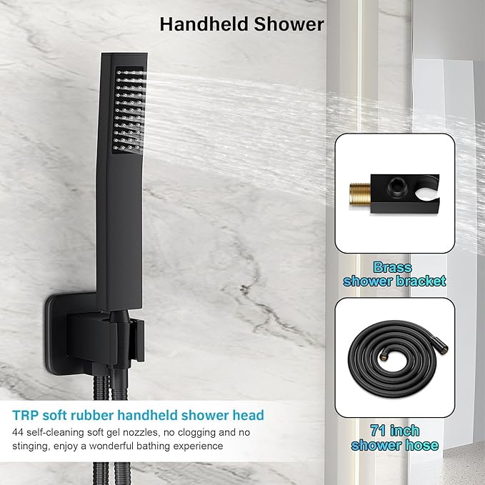 Black Shower Faucet Set, Rainfall Shower System with Square Shower Head and Handle Set, Wall Mounted Shower Fixtures, Full Metal Trim Repair Kit 16 inch Matte Black (With Shower Valve)