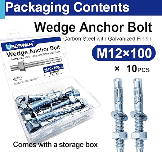 10Pcs M12×100mm Wedge Anchor Bolt, Carbon Steel Zinc Plated, Concrete Anchor Screws Kit, Anti-Rust Metric Expansion Bolts