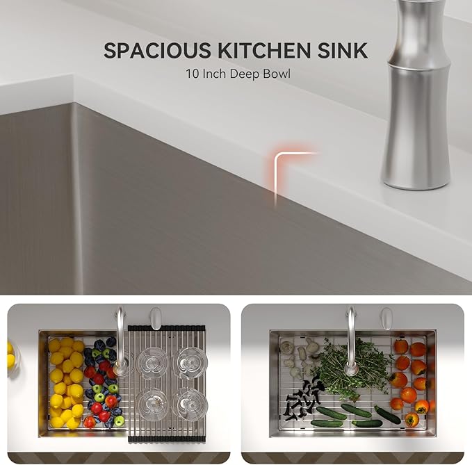 Lordear 26 inch Undermount Kitchen Sinks Stainless Steel Single Bowl Kitchen Sink Undermount 16 Gauge 10" Deep Basin 26x18 In Under Counter Sinks