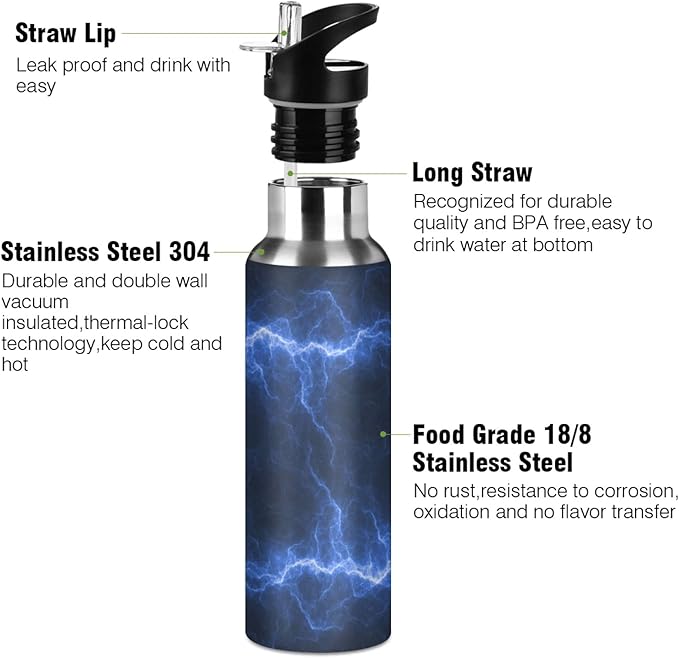 Qilmy Black and White Leopard Water Bottle Vacuum Insulated Stainless Steel Water Bottles with Straw Lid Leakproof Wide Mouth Water Flask for Fitness Outdoor Sports, 20 oz