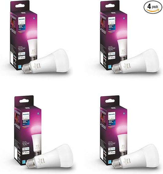 Philips Hue Smart 100W A21 LED Bulb - White and Color Ambiance Color-Changing Light - 4 Pack - 1600LM - E26 - Indoor - Control with Hue App - Works with Alexa, Google Assistant and Apple Homekit.