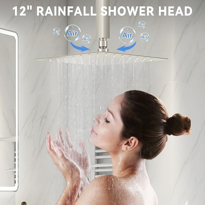 Shower Faucets Sets Shower System Brushed Nickel, STARBATH 12" Ceiling Mount Rain Showerhead and 8" Wall Mounted Rainfall Shower for Couples, On Off Button Valve Dual Head Shower Systems Complete