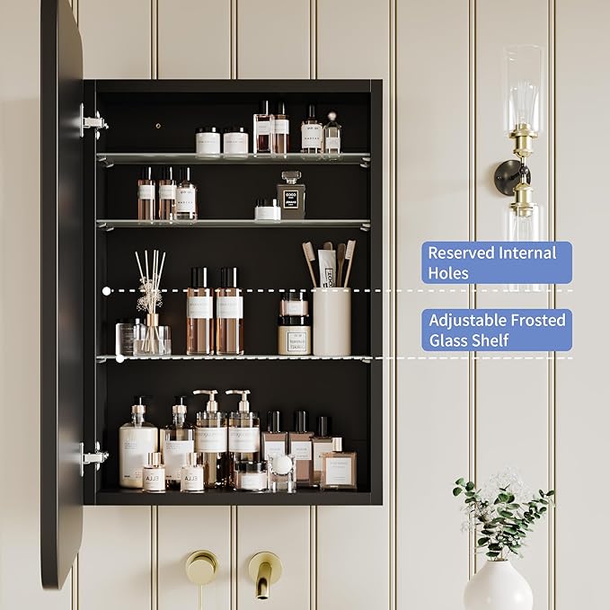 Bathroom Wood Black Cabinet with 20''x30'' Black Metal Frame Curved Mirror, Recessed Medicine Cabinet, Bathroom Storage Cabinet