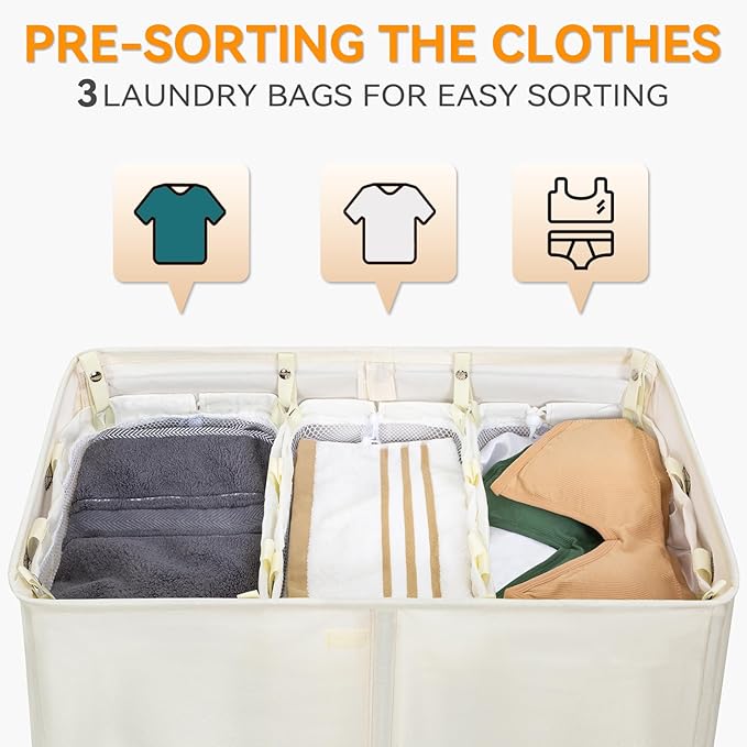WOWLIVE Laundry Hamper with Lid,160L Large Laundry Basket 3 Section with Removable Washing Bags,Collapsible Waterproof Dirty Clothes Hamper for Laundry Room Bathroom Dorm,Beige
