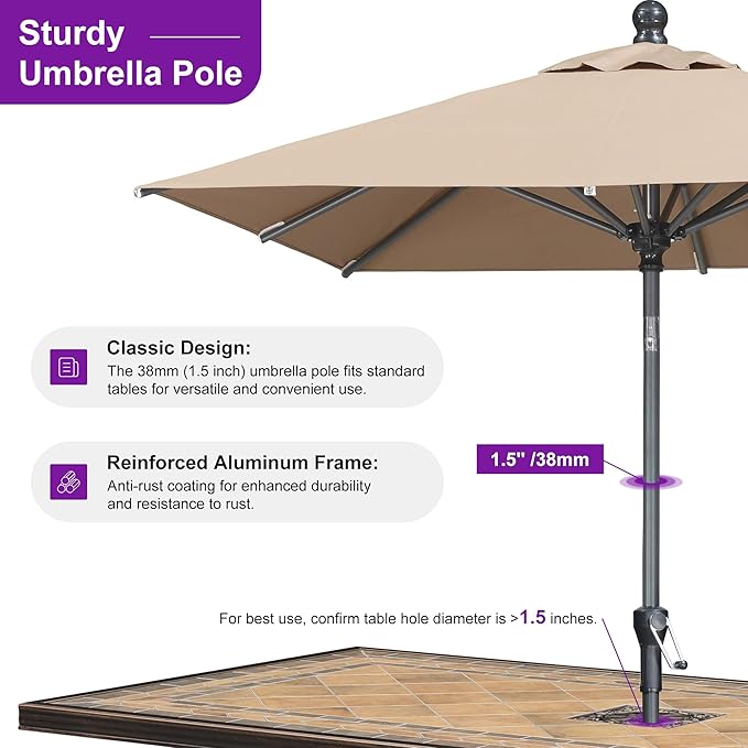 PURPLE LEAF 6' x 6' Square Patio Umbrella Outdoor Table Umbrella Aluminum Frame Market Umbrella Sun Umbrella with 8 Sturdy Ribs Tilt for Garden Deck Lawn Pool Taupe