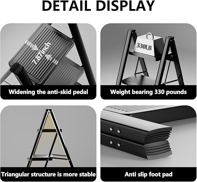 Step Ladder 3 Step Folding, Sturdy 330 Lbs Small Step Stool for Adults, Closet Step Stool Ladder with Anti-Slip Wide Pedals, Portable Folding Ladder for Home Kitchen Office