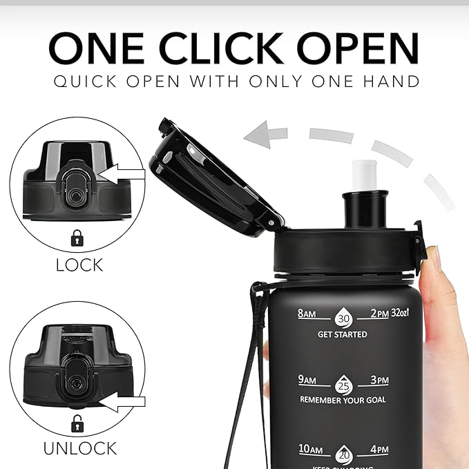 GOSWAG Water Bottles, 32 oz Motivational Sports Water Bottle with Straw and Time Marker to Remind You to Drink, Comes with Carry Strap, Leakproof