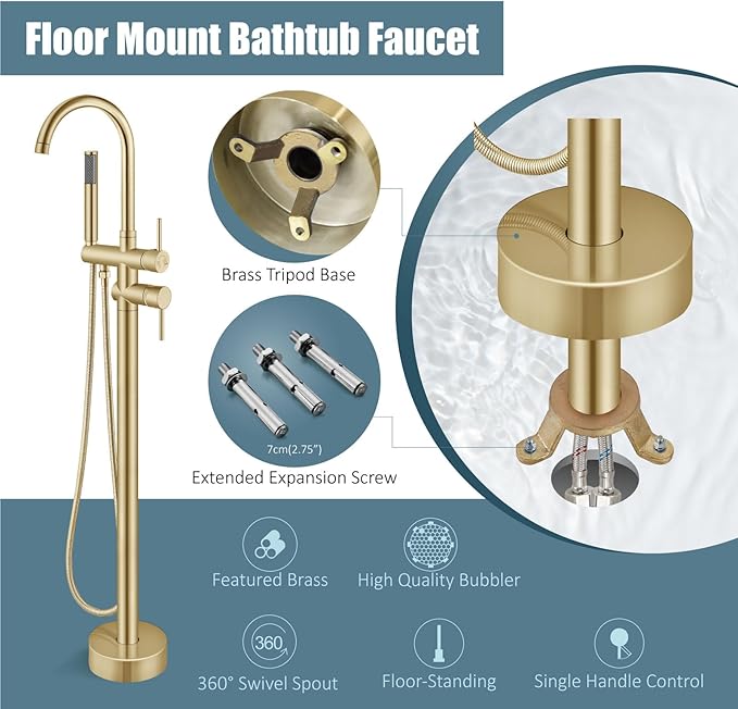 Aolemi Floor Mount Bathtub Faucet Freestanding Tub Filler Standing High Flow Shower Faucets Shower Mixer Taps, Swivel Gooseneck Spout with Cylinder Handheld Brushed Gold